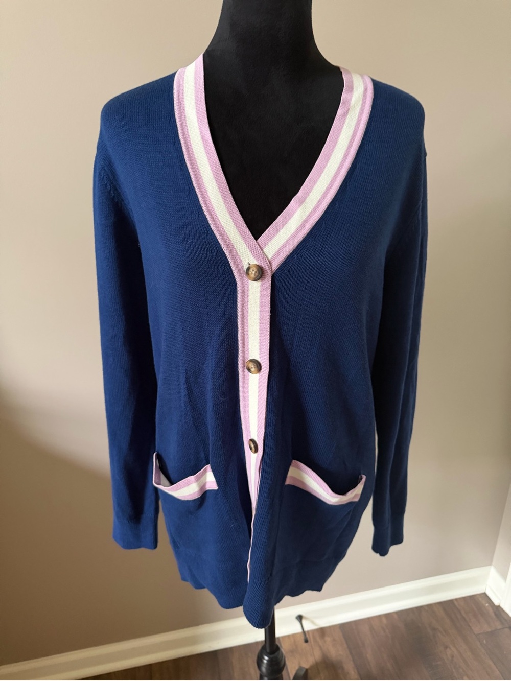 ON 34th Navy V-Neck Button Cardigan with Purple & White Trim Small